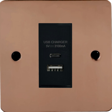 flat copper usb charger (usb a and usb c) (1 gang/black insert) front fc20825