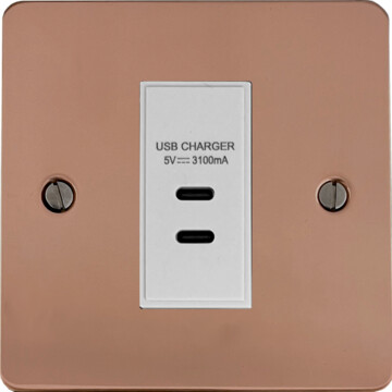 flat copper usb charger (2x usb c) (1 gang/white insert) front fc20825