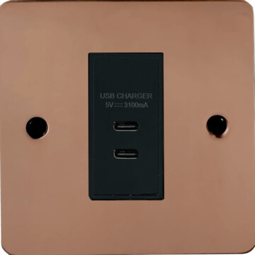 flat copper usb charger (2x usb c) (1 gang/black insert) front fc20825