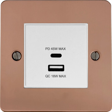 flat copper usb charger (dual usb a + c quick charge) (1 gang/white insert) front fc20825