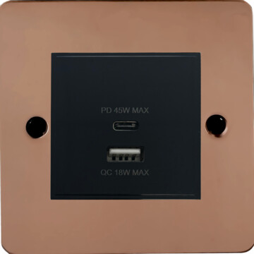 flat copper usb charger (dual usb a + c quick charge) (1 gang/black insert) front fc20825