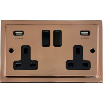 copper double socket with usb (black switch) front fc20825