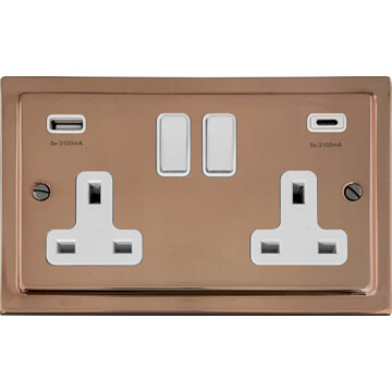 copper double socket with usb (usb a and usb c/white switches) front fc20825