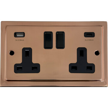 copper double socket with usb (usb a and usb c/black switches) front fc20825