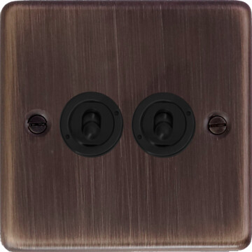 contour antique copper toggle switch (2 gang/matt black toggles) front fc20825