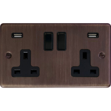 contour antique copper double socket with usb (black switch) front fc20825