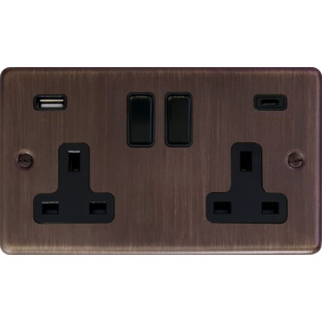 contour antique copper double socket with usb (2 gang/usb a and usb c/black switch) front fc20825