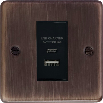 contour antique copper usb charger (usb a and usb c) (1 gang/black insert) front fc20825