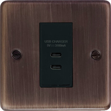 contour antique copper usb charger (2x usb c) (1 gang/black insert) front fc20825