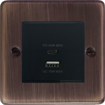 contour antique copper usb charger (dual usb a + c quick charge) (1 gang/black insert) front fc20825
