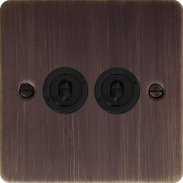 flat antique copper toggle switch (2 gang/matt black toggles) front fc20825