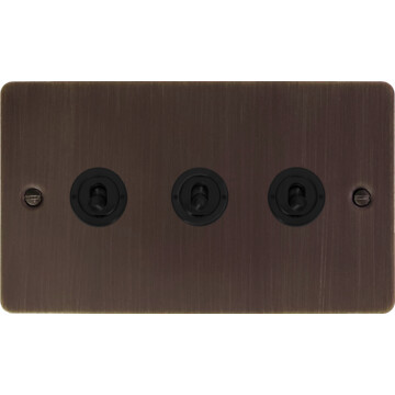 flat antique copper toggle switch (3 gang/matt black toggles) front fc20825