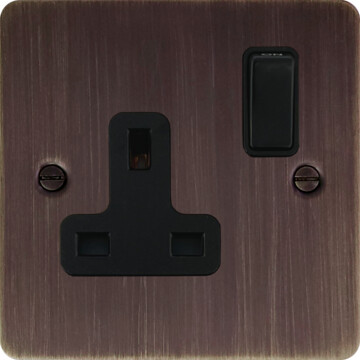 flat antique copper single socket (black switch) front fc20825