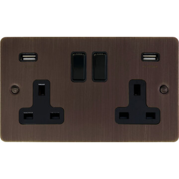 flat antique copper double socket with usb (black switch) front fc20825