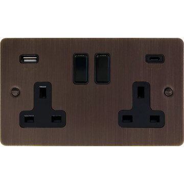 flat antique copper double socket with usb (usb a and usb c/black switches) front fc20825