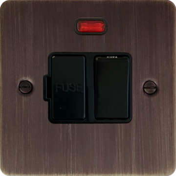 flat antique copper switched fused spur with neon (black switch) front fc20825