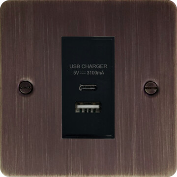 flat antique copper usb charger (usb a and usb c) (1 gang/black insert) front fc20825