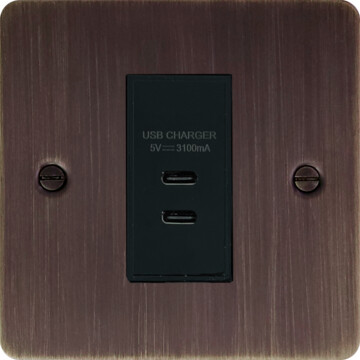 flat antique copper usb charger (2x usb c) (1 gang/black insert) front fc20825
