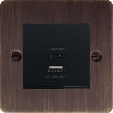 flat antique copper usb charger (dual usb a + c quick charge) (1 gang/black insert) front fc20825
