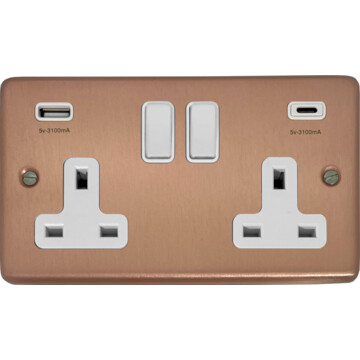 rose gold double socket with usb (usb a and usb c/white switches) front fc20825