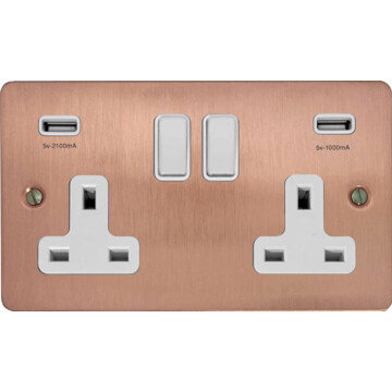 flat rose gold double socket with usb (white switch) front fc20825