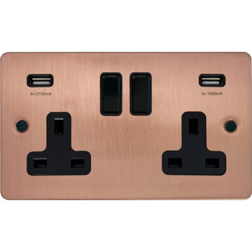 flat rose gold double socket with usb (black switch) front fc20825