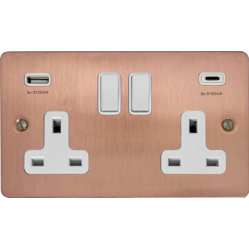 flat rose gold double socket with usb (usb a and usb c/white switches) front fc20825