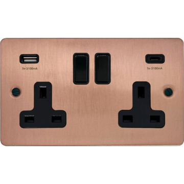 flat rose gold double socket with usb (usb a and usb c/black switches) front fc20825