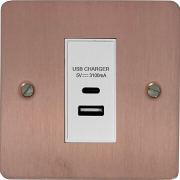 flat rose gold usb charger (usb a and usb c) (1 gang/white insert) front fc20825