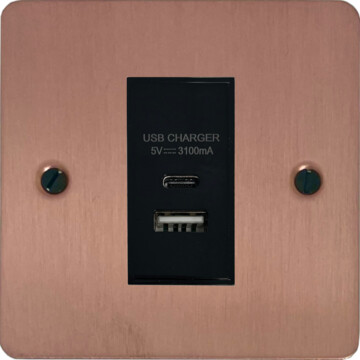 flat rose gold usb charger (usb a and usb c) (1 gang/black insert) front fc20825
