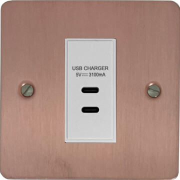 flat rose gold usb charger (2x usb c) (1 gang/white insert) front fc20825