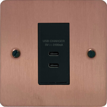 flat rose gold usb charger (2x usb c) (1 gang/black insert) front fc20825