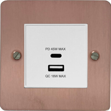 flat rose gold usb charger (dual usb a + c quick charge) (1 gang/white insert) front fc20825