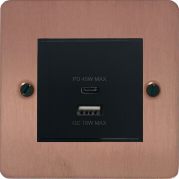 flat rose gold usb charger (dual usb a + c quick charge) (1 gang/black insert) front fc20825