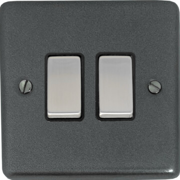 contour pewter light switch (2 gang/black insert/steel switches) front fc20825