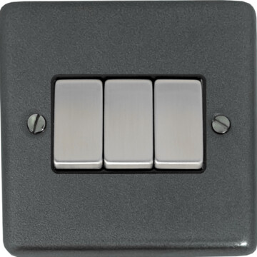 contour pewter light switch (3 gang/black insert/steel switches) front fc20825