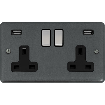 contour pewter double socket with usb (black insert/steel switches) front fc20825
