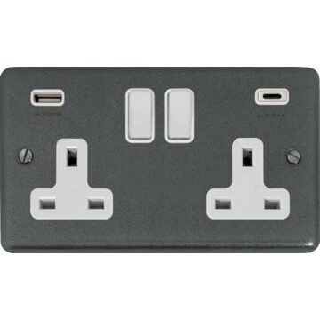 contour pewter double socket with usb (2 gang/usb a and usb c/white switches) front fc20825