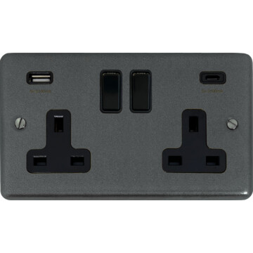contour pewter double socket with usb (2 gang/usb a and usb c/black switches) front fc20825