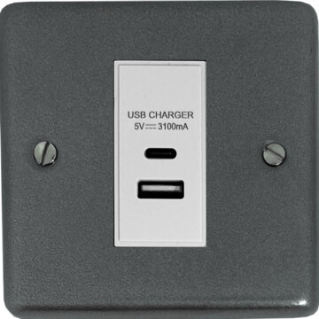 contour pewter usb charger (usb a and usb c) (1 gang/white insert) front fc20825