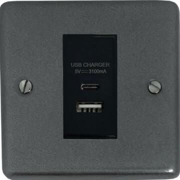 contour pewter usb charger (usb a and usb c) (1 gang/black insert) front fc20825