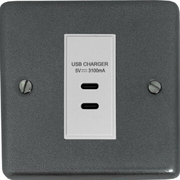 contour pewter usb charger (2x usb c) (1 gang/white insert) front fc20825