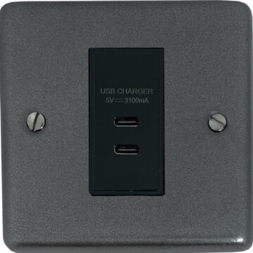 contour pewter usb charger (2x usb c) (1 gang/black insert) front fc20825