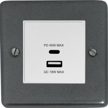 contour pewter usb charger (dual usb a + c quick charge) (1 gang/white insert) front fc20825