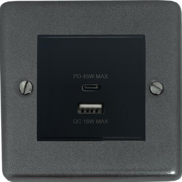 contour pewter usb charger (dual usb a + c quick charge) (1 gang/black insert) front fc20825