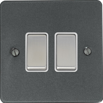 flat pewter light switch (2 gang/white insert/steel switches) front fc20825