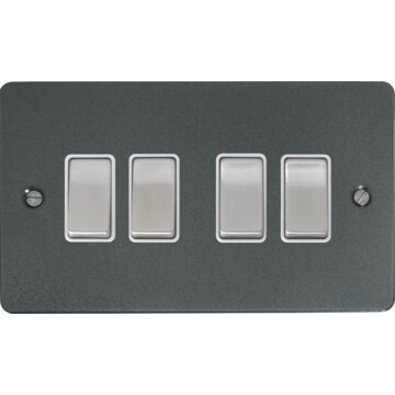 flat pewter light switch (4 gang/white insert/steel switches) front fc20825