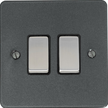 flat pewter light switch (2 gang/black insert/steel switches) front fc20825