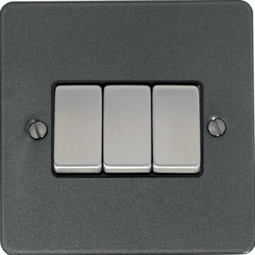 flat pewter light switch (3 gang/black insert/steel switches) front fc20825