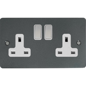 flat pewter double socket (white insert/steel switches) front fc20825